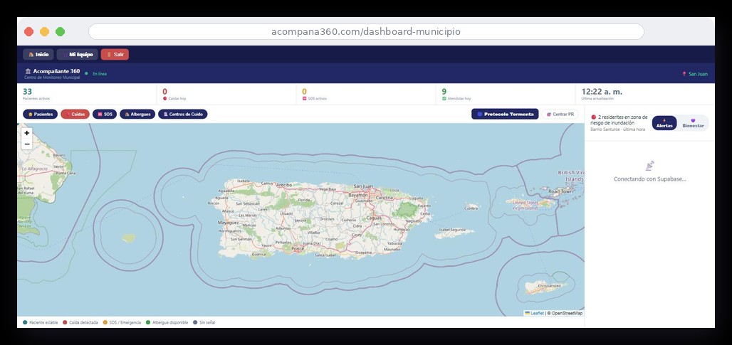 Centro de Monitoreo Municipal de Acompaña 360 con mapa de riesgo de Puerto Rico en tiempo real